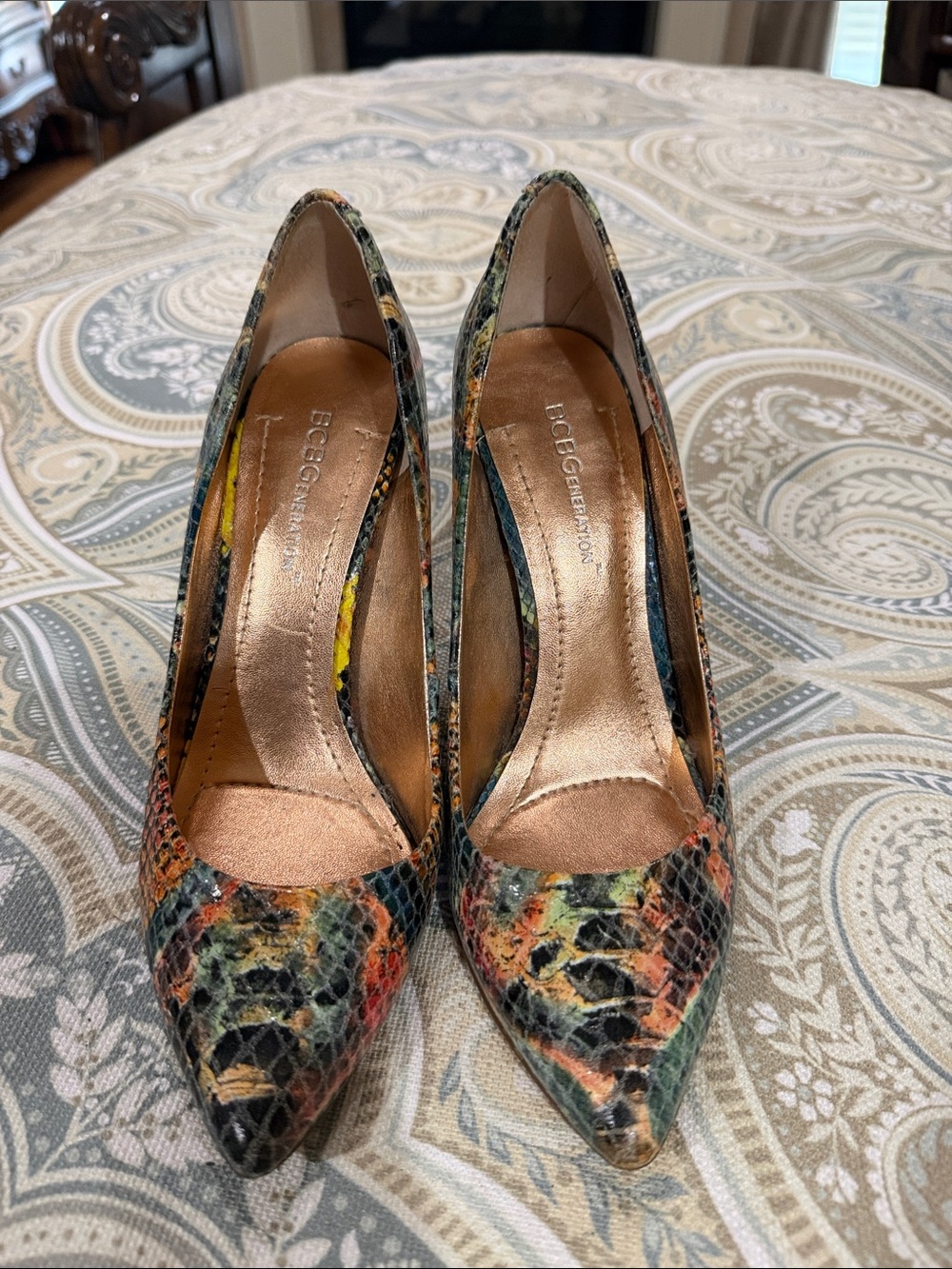 BCBGeneration Multicolor Snakeskin Pointed-Toe Pumps